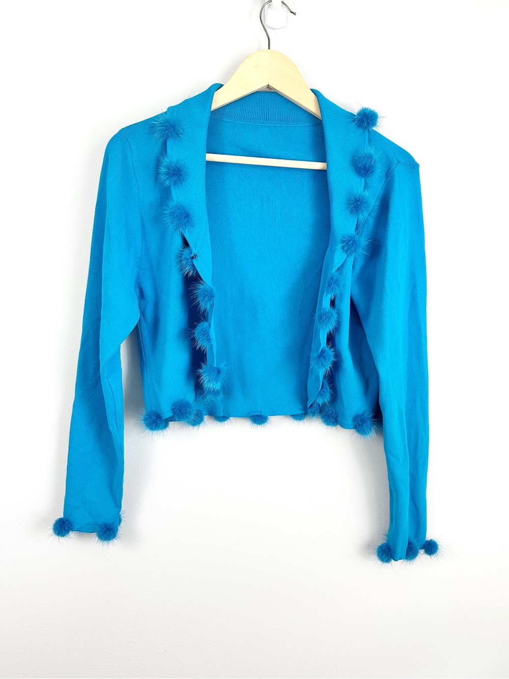 90s/ Y2K Blue Pompom Cardigan, Rabbit Fur, Glam Shoe Diva Clowcore